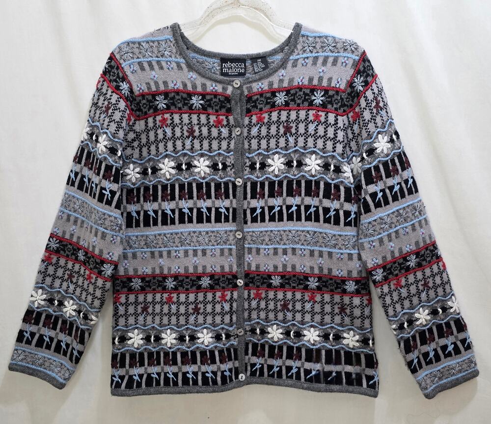 Vintage Rebecca Malone Floral Grannycore Cabincore Wool Blend Cardigan Medium PT